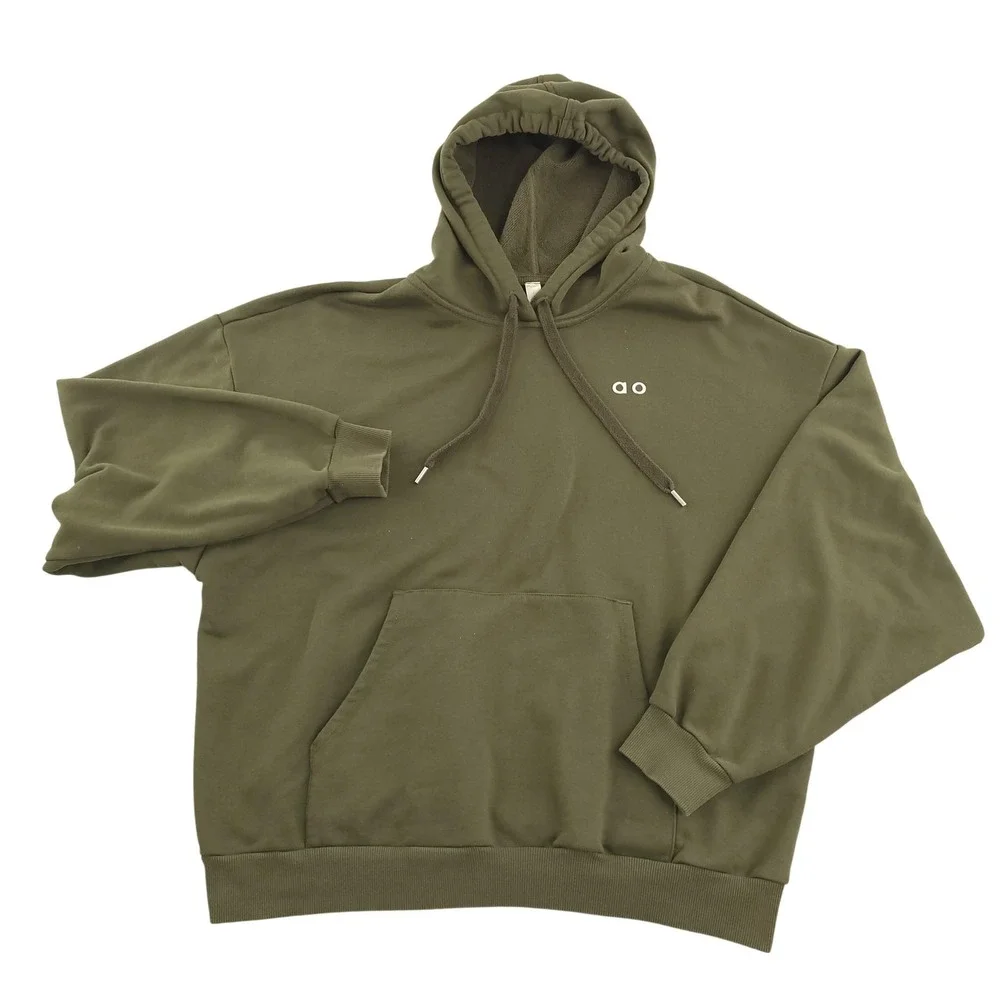 Alo Yoga Hoodie Womens Large Green Fleece Pullover Relaxed Logo Sweatshirt